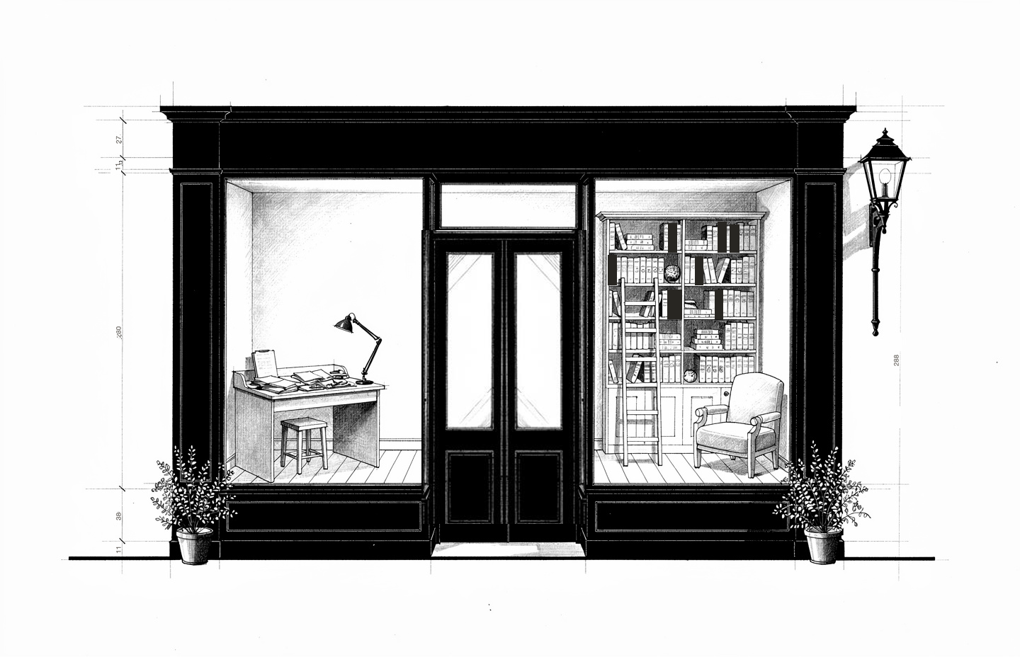 Ravi Sood — the practice drawn as a monochrome storefront: a study, a door, a library.